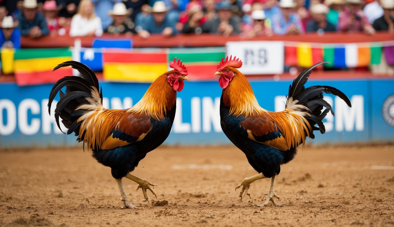 Dua ayam jantan berhadapan di arena tanah, dikelilingi oleh penonton yang bersorak dan spanduk berwarna-warni