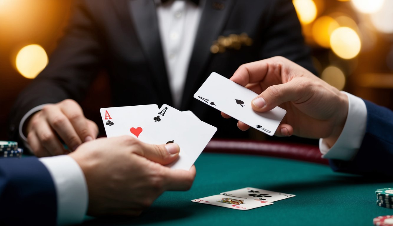 Sebuah tangan pemain yang memegang dua kartu, satu tertutup dan satu terbuka, sementara tangan dealer mengungkapkan satu kartu dalam permainan blackjack