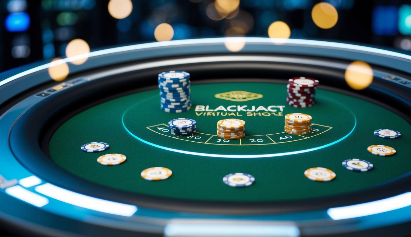 Meja blackjack digital dengan chip dan kartu virtual, dikelilingi oleh antarmuka futuristik dan berteknologi tinggi