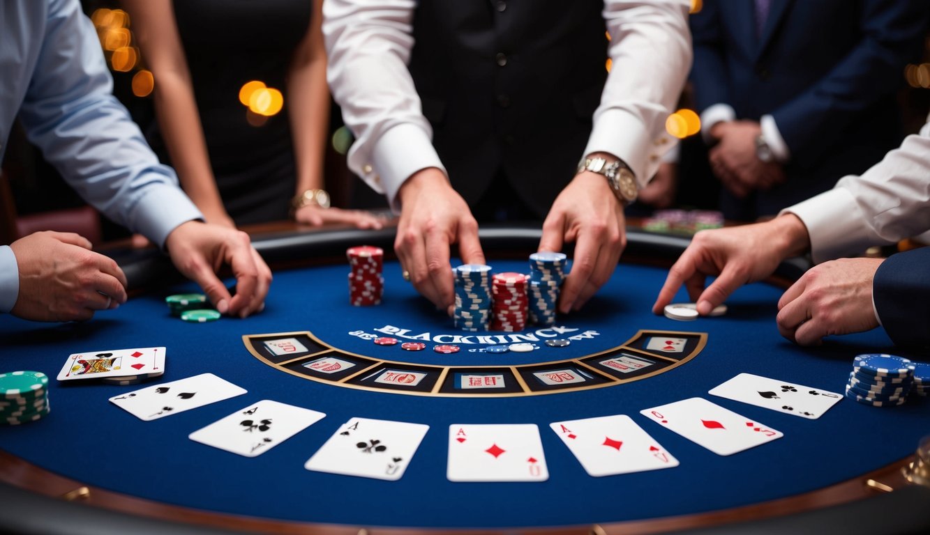 Sebuah meja blackjack dengan kartu dan chip, dikelilingi oleh pemain dan seorang dealer