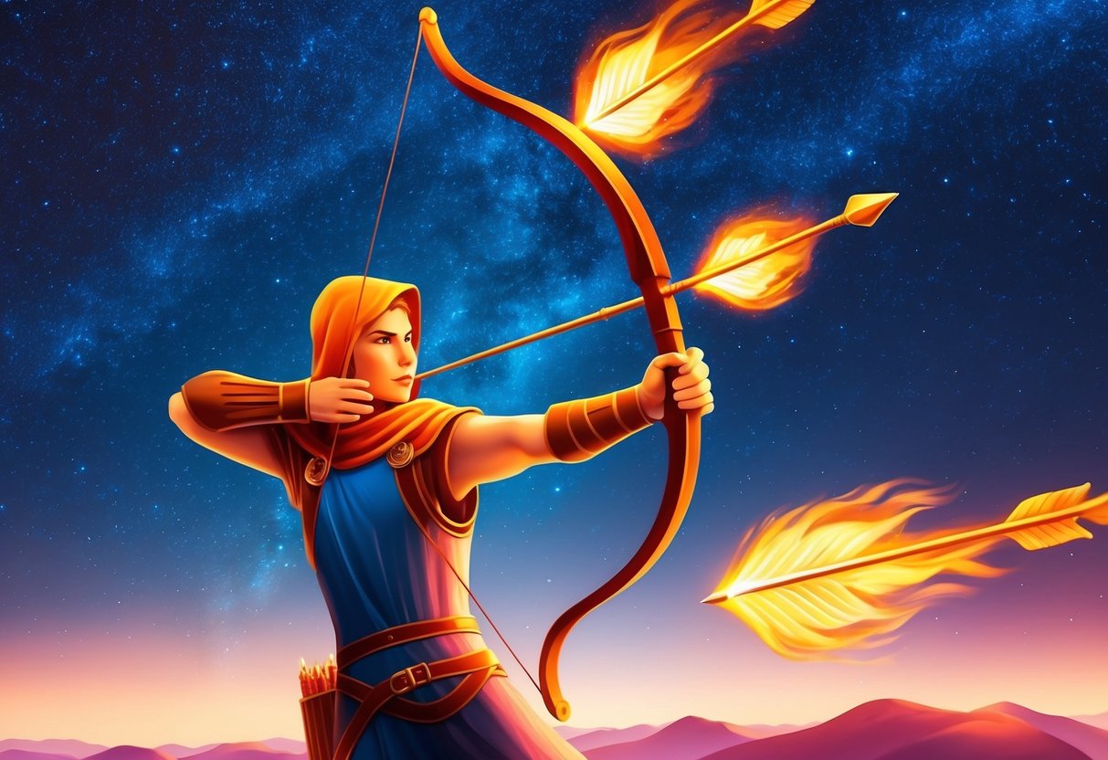 A celestial archer shooting flaming arrows across a starry sky