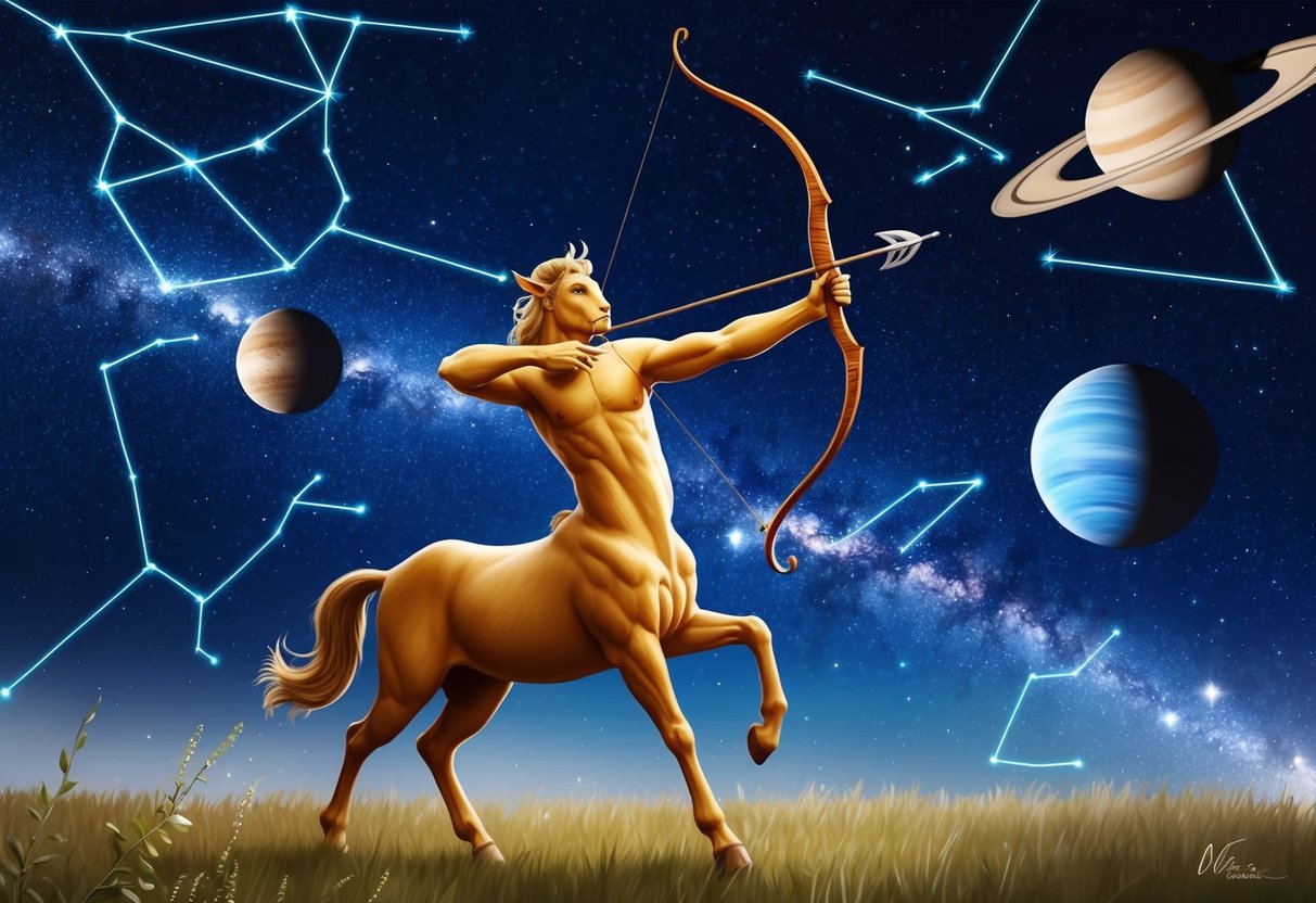 A centaur archer aiming his bow towards the stars amidst a celestial backdrop of constellations and planets