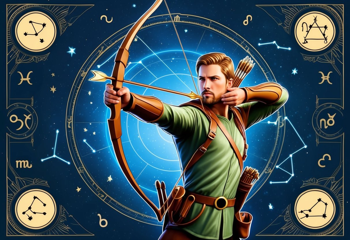 A celestial archer aiming his bow at the stars, surrounded by zodiac symbols and ancient constellations