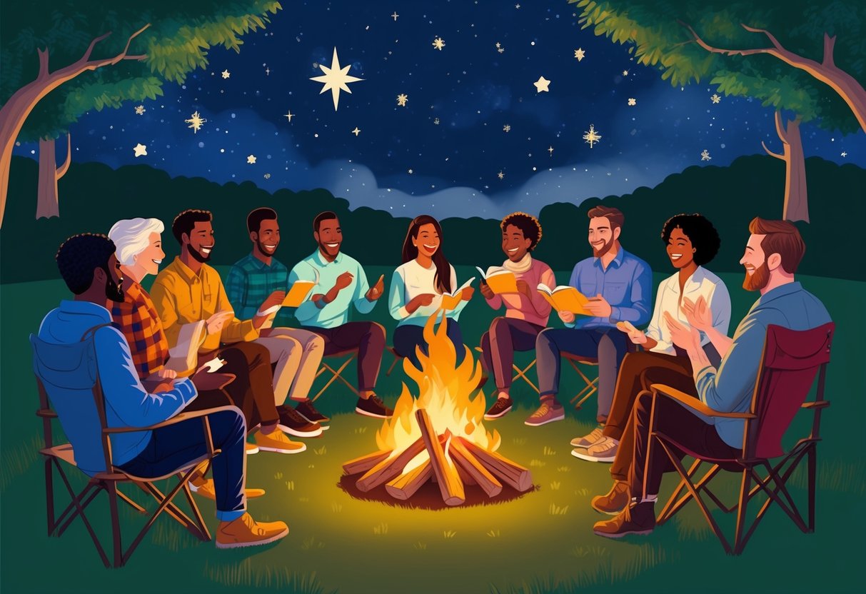 A group of diverse individuals gathered around a bonfire, sharing stories and laughter under the starry night sky during Sagittarius season