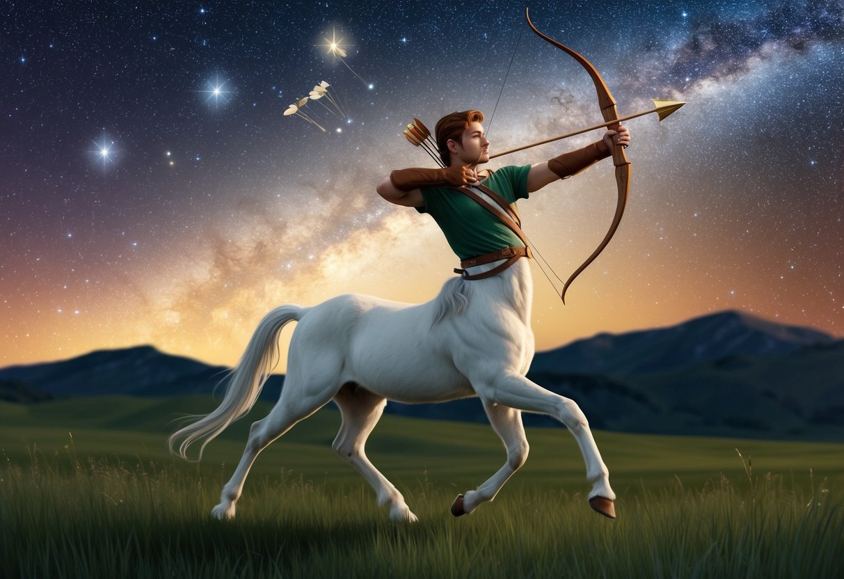 A centaur archer shooting arrows at the stars amidst a celestial backdrop