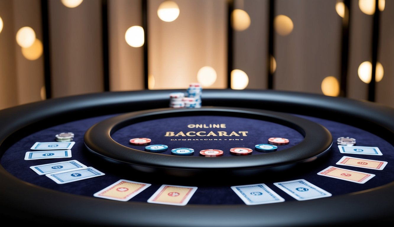 Meja baccarat online yang ramping dan modern dengan chip dan kartu virtual, diatur di latar belakang yang canggih