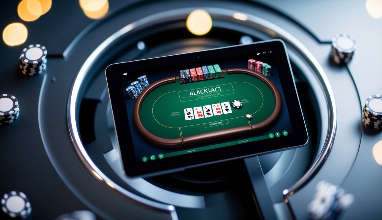 Antarmuka digital yang menampilkan meja blackjack virtual dengan kartu dan chip, dikelilingi oleh desain yang ramping dan modern