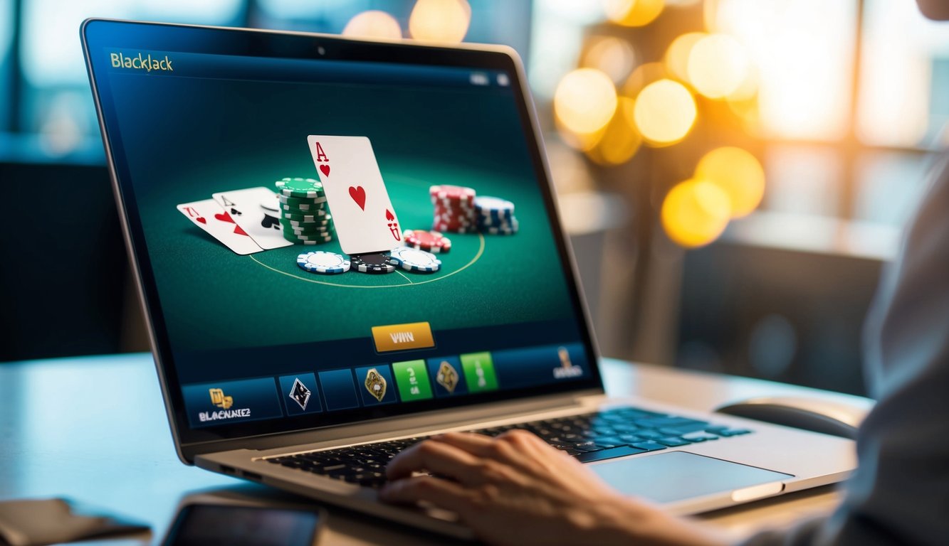 Sebuah layar komputer menunjukkan tangan kemenangan dalam permainan blackjack online, dengan chip dan kartu virtual di meja digital