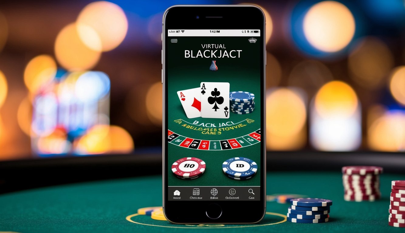 Sebuah layar smartphone menampilkan permainan blackjack virtual dengan chip dan kartu di latar belakang bertema kasino