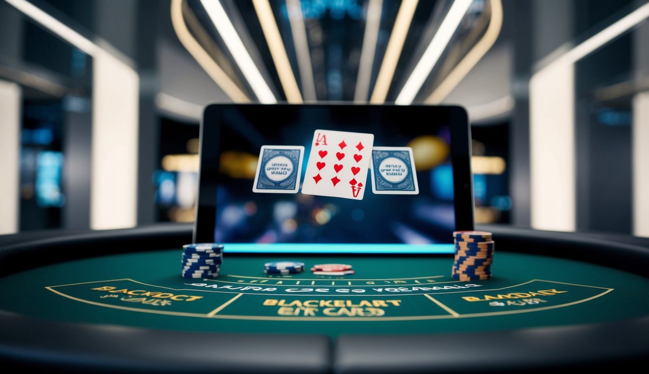 Meja blackjack digital dengan kartu dan chip virtual, diatur di latar belakang yang ramping dan modern dengan nuansa futuristik