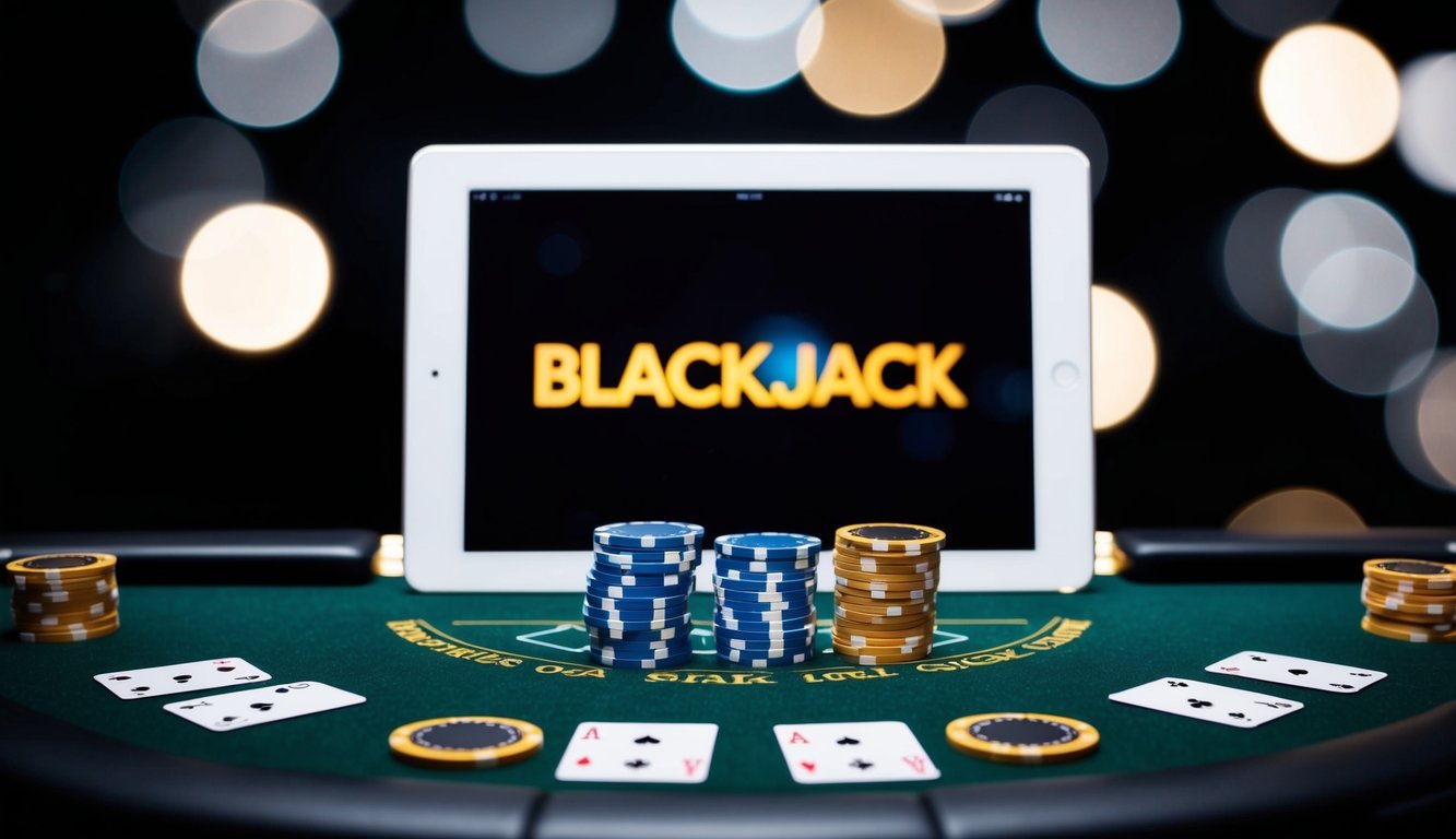 Sebuah meja blackjack online yang ramping dan modern dengan chip dan kartu virtual, disetel di latar belakang gelap dengan nuansa profesional dan dapat dipercaya