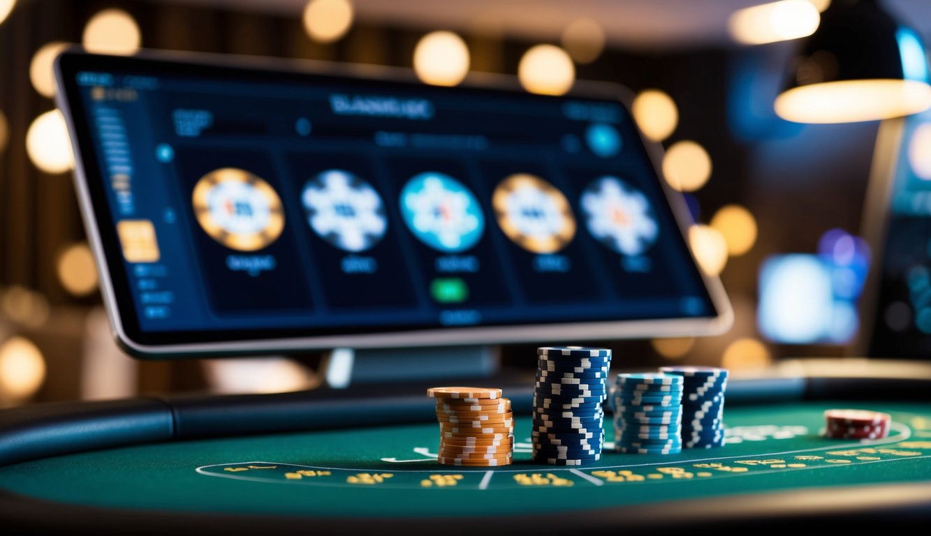 Meja blackjack online yang ramping dan modern dengan kartu dan chip virtual, disetel dengan latar belakang bergaya yang memberikan nuansa kasino.