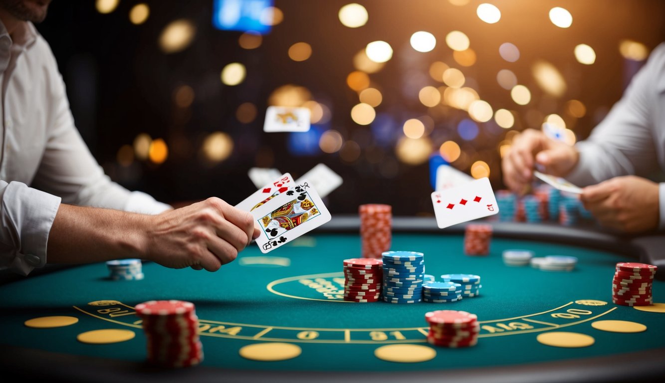 Seorang pemain yang menang di blackjack online, dikelilingi oleh kartu dan chip virtual