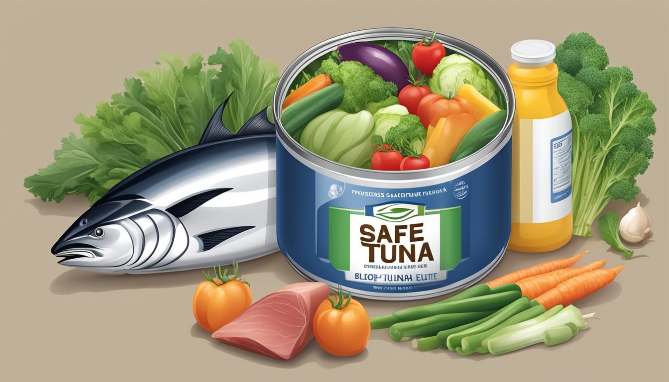 A can of Safe Catch Elite Pure Wild Tuna surrounded by fresh vegetables and a blood sugar monitor