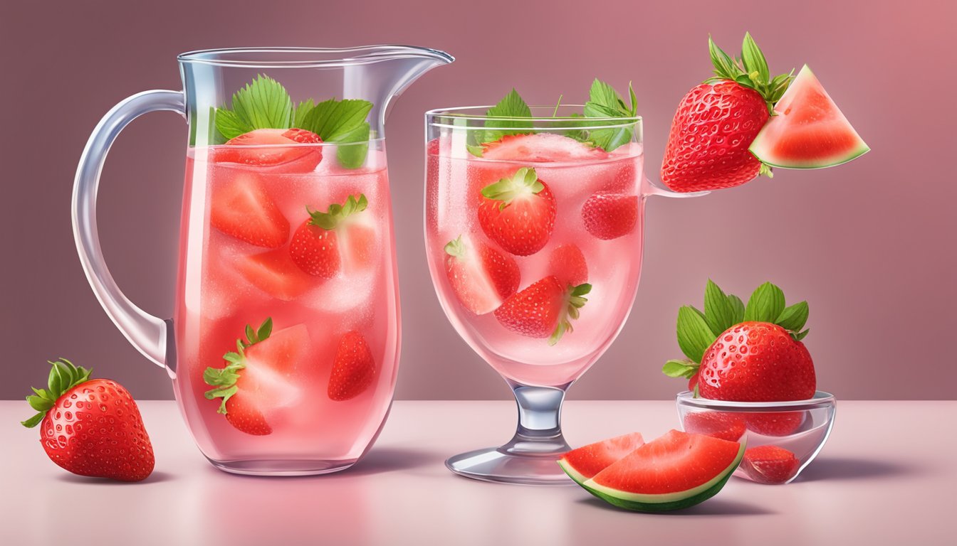 A glass of water with Stur Liquid Water Enhancer (Strawberry Watermelon) being poured in, surrounded by fresh strawberries and watermelon slices