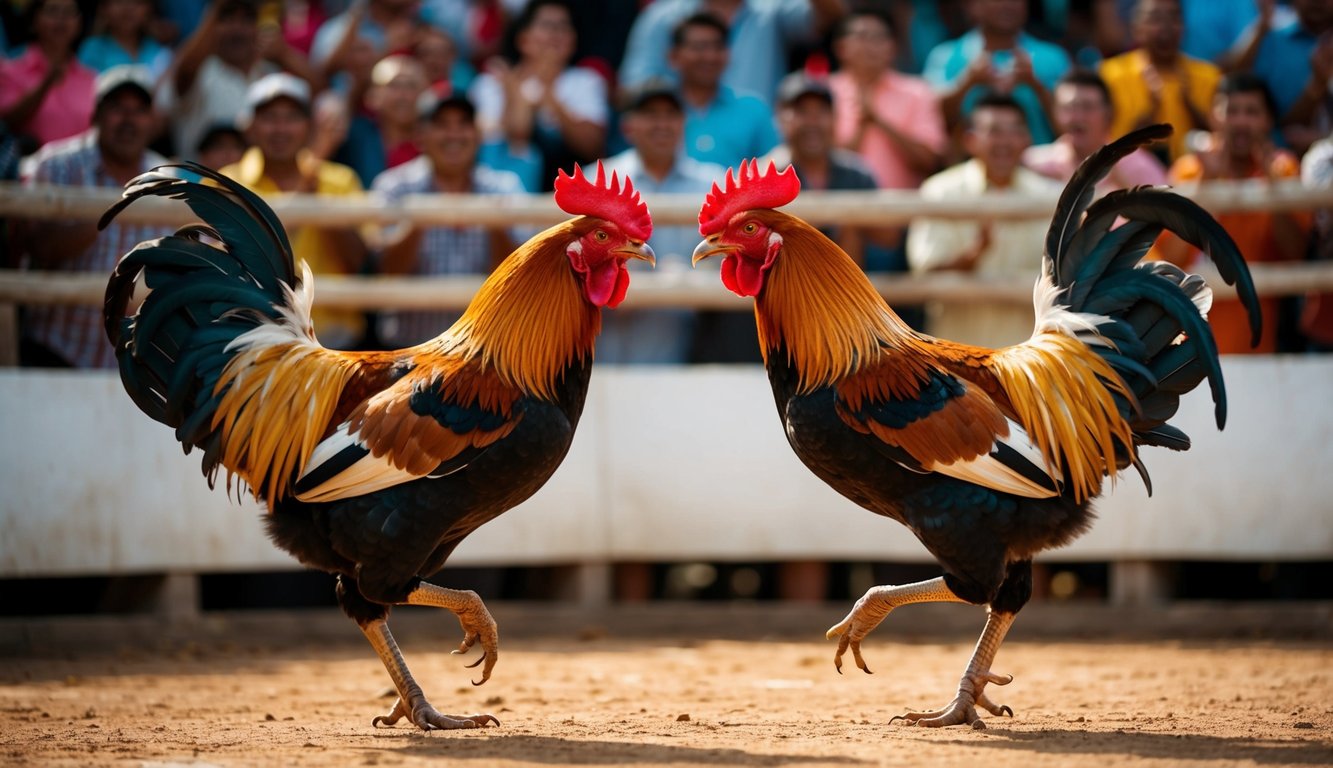 Dua ayam jantan berhadapan di arena sabung ayam tradisional, dikelilingi oleh kerumunan penonton yang bersorak-sorai