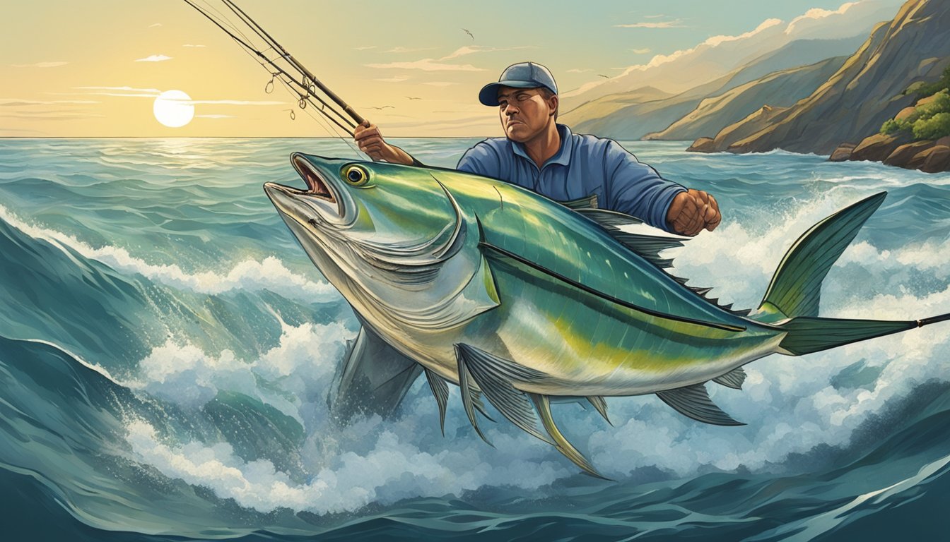 A fisherman reeling in a large wild albacore tuna from a boat, with other tuna visible in the water below