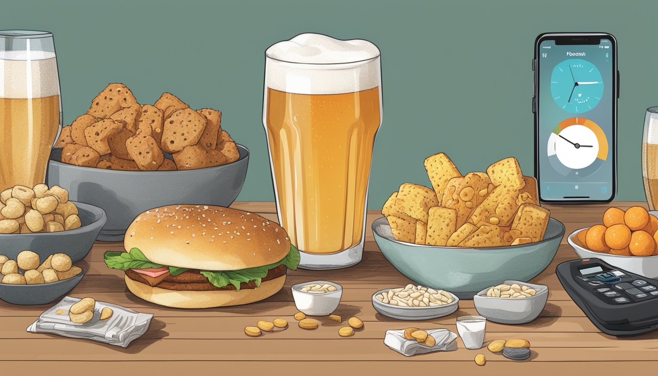 A refreshing glass of Partake Brewing Pale 7 sits on a table, surrounded by a variety of diabetic-friendly snacks and a diabetes blood sugar monitor