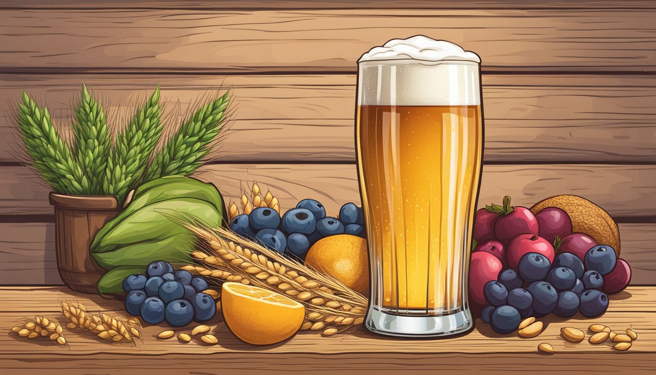 A refreshing glass of WellBeing Brewing Victory Wheat non-alcoholic beer sits on a rustic wooden table, surrounded by healthy ingredients like whole grains and fruits