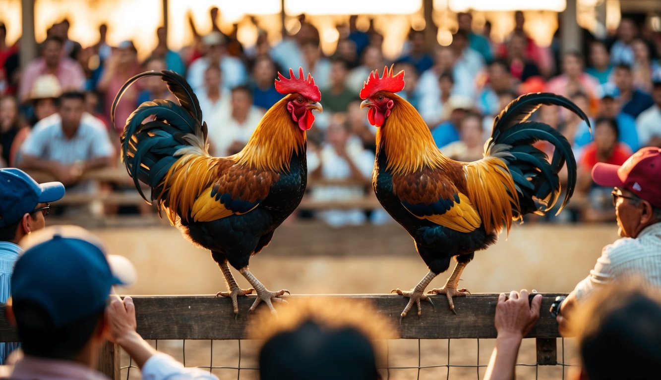 Sebuah arena luar ruangan yang ramai dengan dua ayam jantan yang saling berhadapan dalam pertarungan ayam yang sengit dikelilingi oleh penonton yang bersorak.