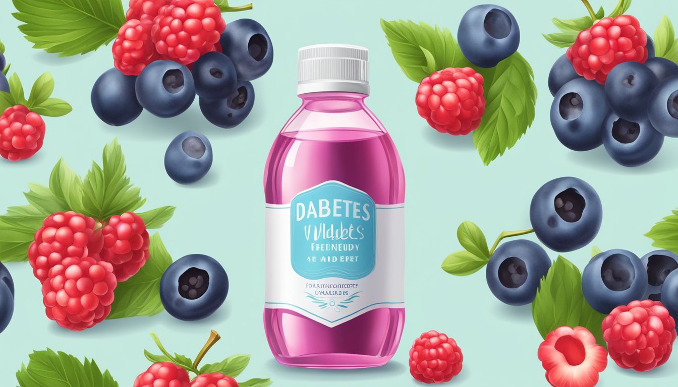 A glass of water with a splash of wild berry flavoring, surrounded by fresh berries and a diabetes-friendly label