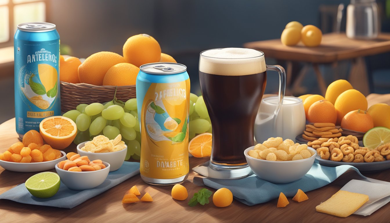 A refreshing glass of Athletic Brewing Upside Dawn non-alcoholic beer sits on a table, surrounded by a variety of diabetes-friendly snacks and fruits