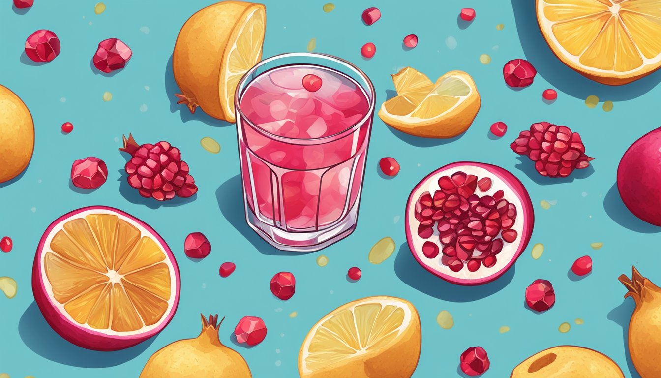 A glass of water with a Drinkfinity flavor pod in pomegranate ginger flavor, surrounded by fresh pomegranate seeds and ginger slices