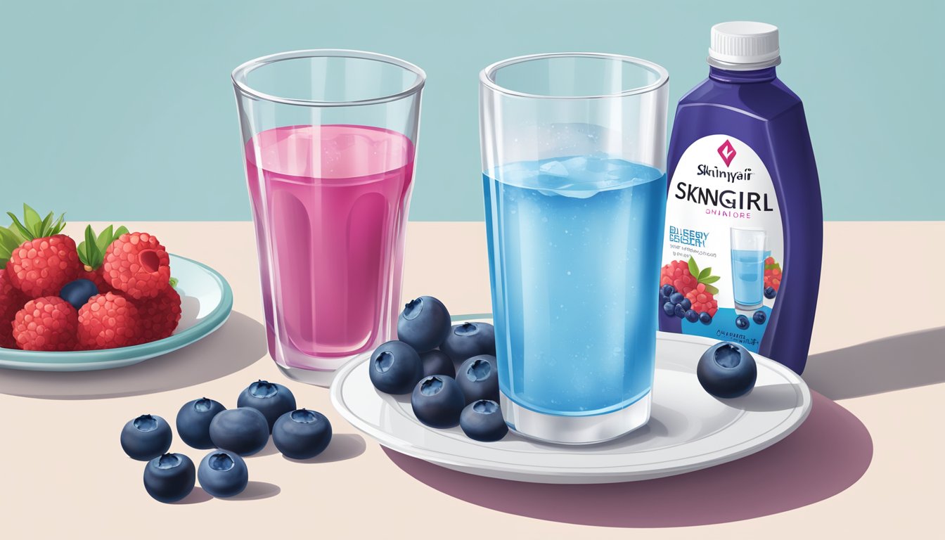 A glass of water with Skinnygirl Water Enhancer (Blueberry Acai) beside a plate of fresh blueberries and a bottle of insulin