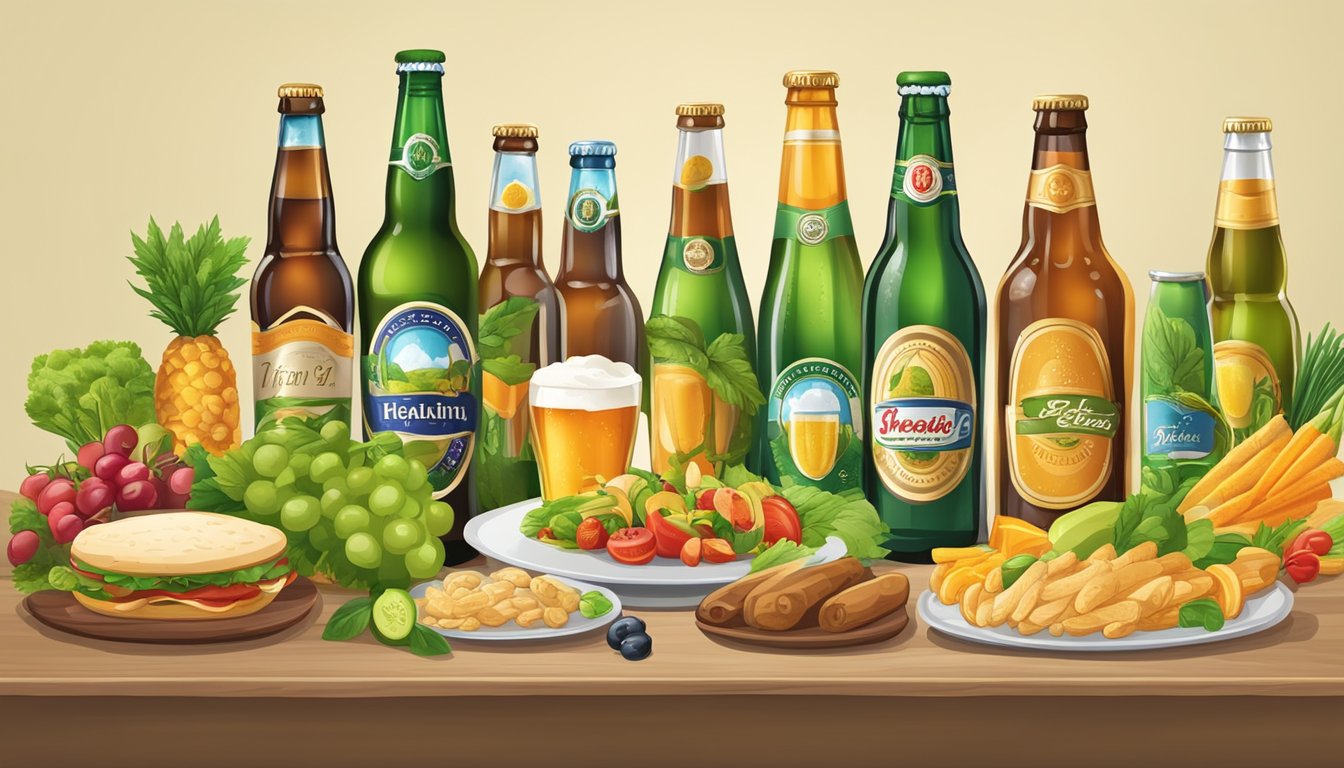 A table set with 7 different non-alcoholic beer bottles, surrounded by various healthy food items