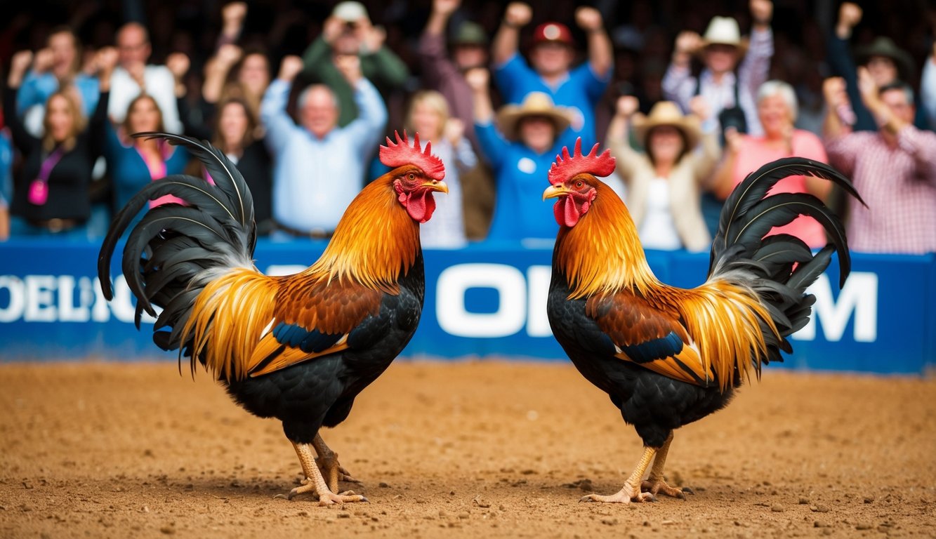 Dua ayam jantan berhadapan di arena tanah yang dikelilingi oleh penonton yang bersorak