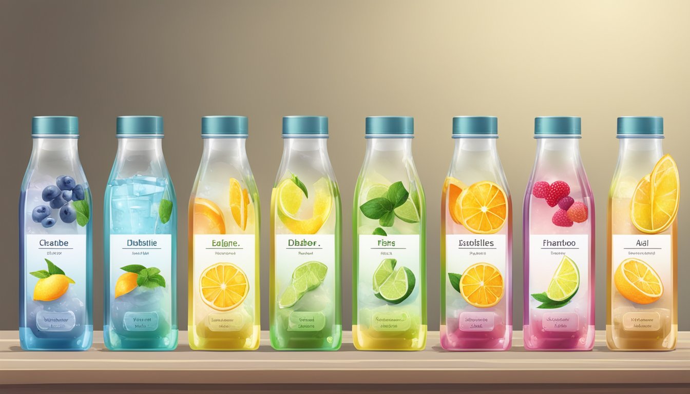 A table with 9 different bottles of flavored water, each labeled as suitable for diabetics