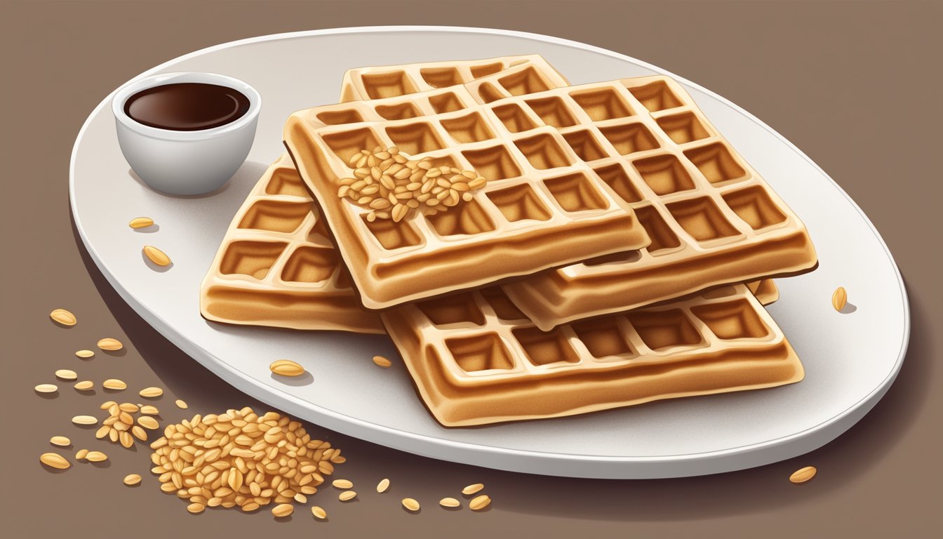 A plate with 5 Kashi 7 Whole Grain Waffles arranged neatly, with a few scattered grains of the waffle's ingredients around the plate