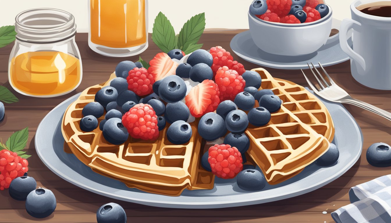 A plate of Birch Benders Paleo Waffles surrounded by fresh berries and a drizzle of sugar-free syrup