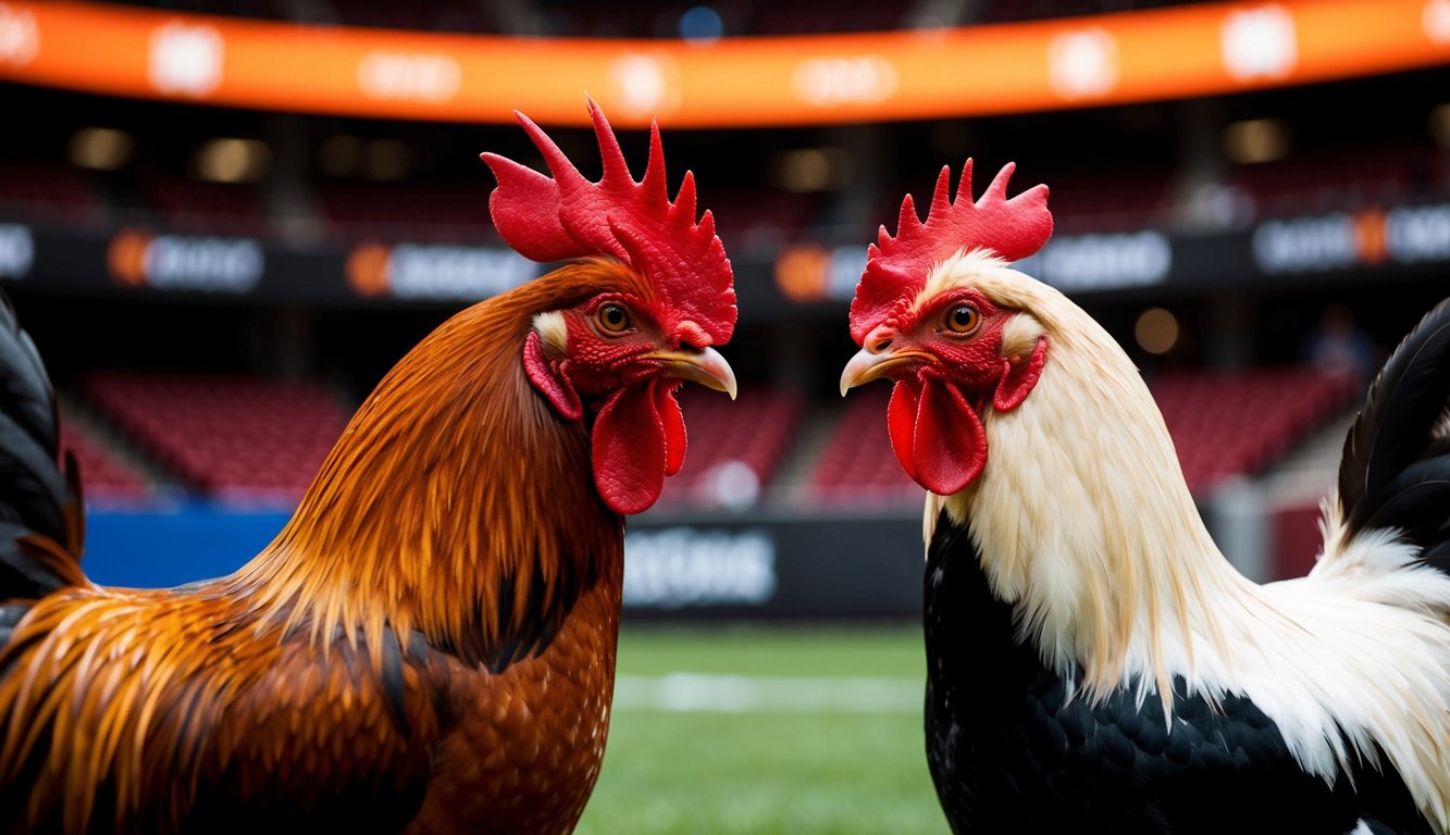 Ayam jantan dan induk ayam berhadapan di arena streaming langsung