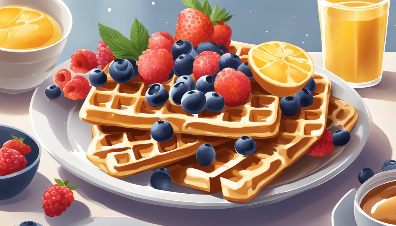 A serene breakfast scene with a plate of golden, crispy waffles surrounded by fresh berries and a drizzle of syrup