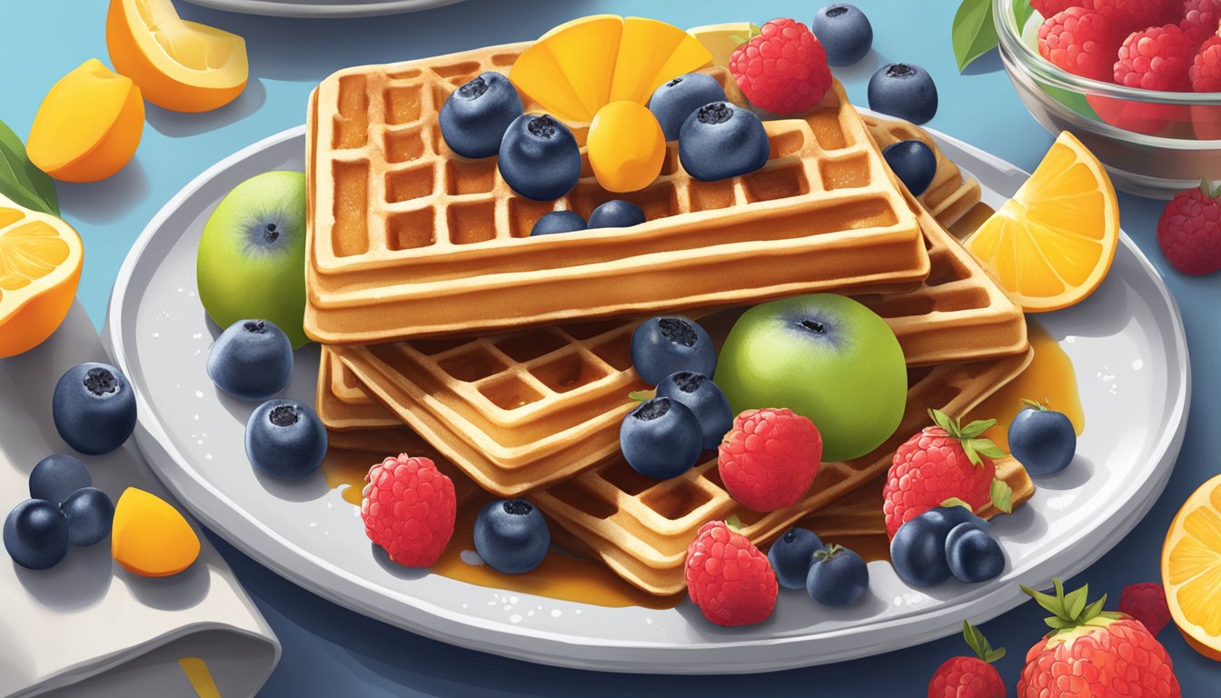 A plate of Van's Gluten-Free Whole Grain Waffles surrounded by colorful fruits and a drizzle of sugar-free syrup