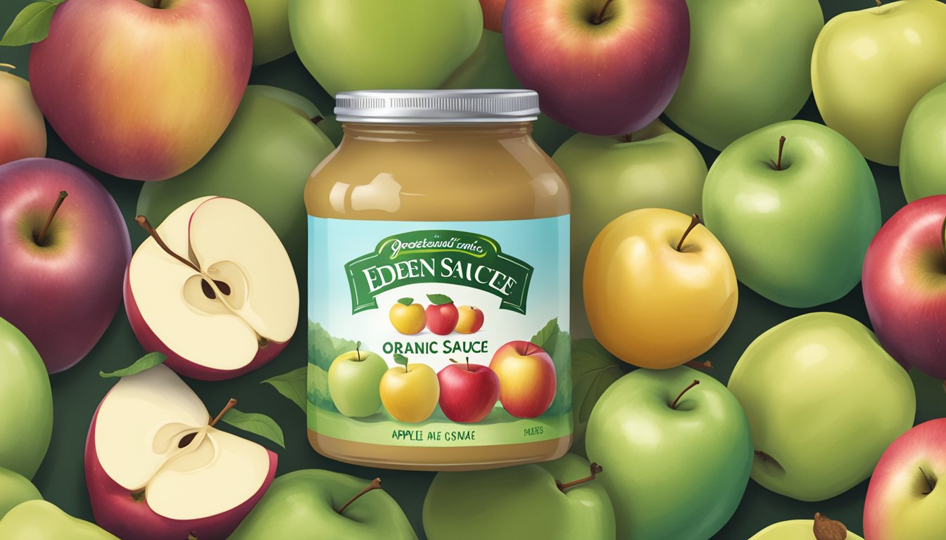 A jar of Eden Foods Organic Apple Sauce surrounded by five different types of apples