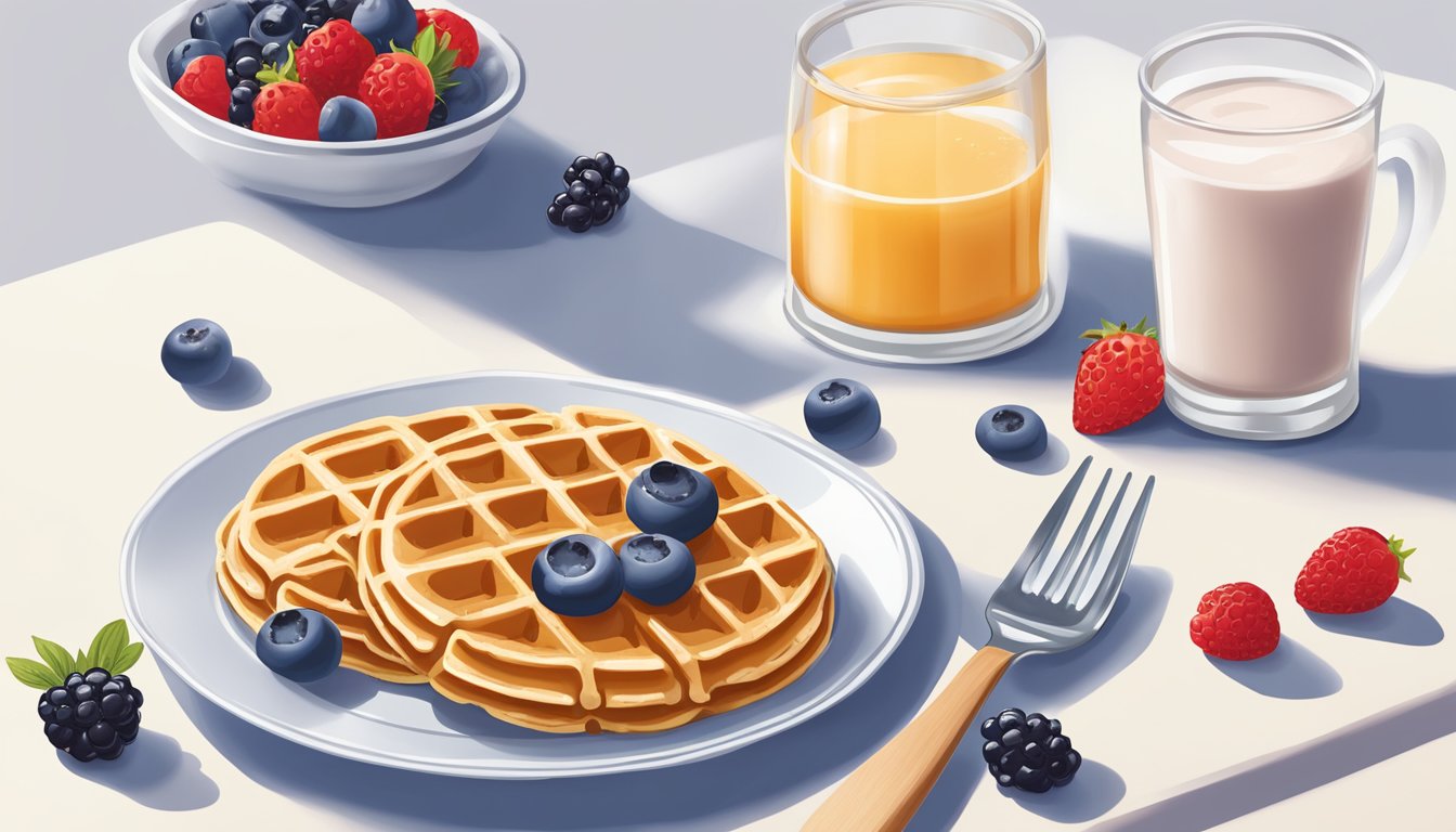 A plate of Eggo Nutri-Grain Whole Wheat Waffles surrounded by fresh berries and a drizzle of sugar-free syrup, with a glass of unsweetened almond milk on the side