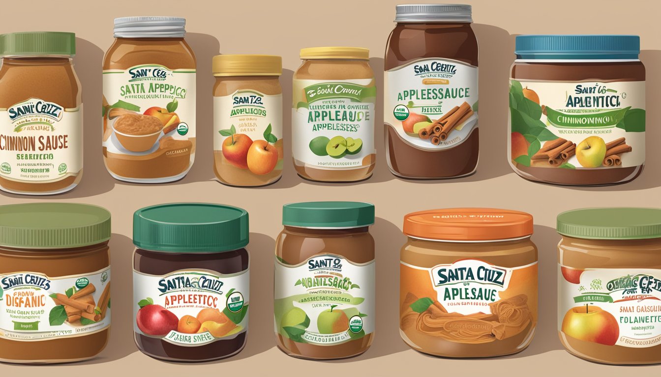 A jar of Santa Cruz Organic Cinnamon Applesauce surrounded by four other jars of different brands, all labeled as "best applesauces for diabetics."