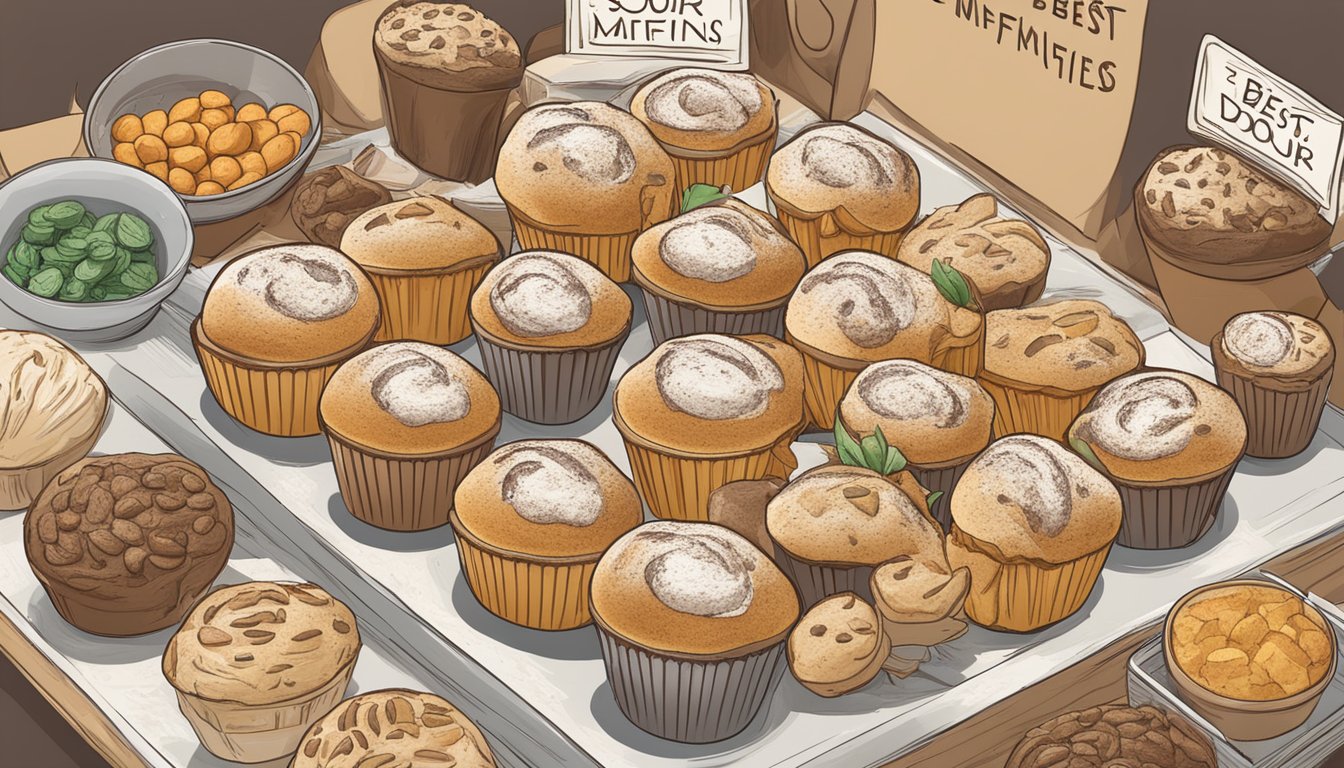 A display of Sami's Bakery Gluten Free Sour Dough Muffins surrounded by various ingredients and a sign listing "7 best English muffins for diabetics."