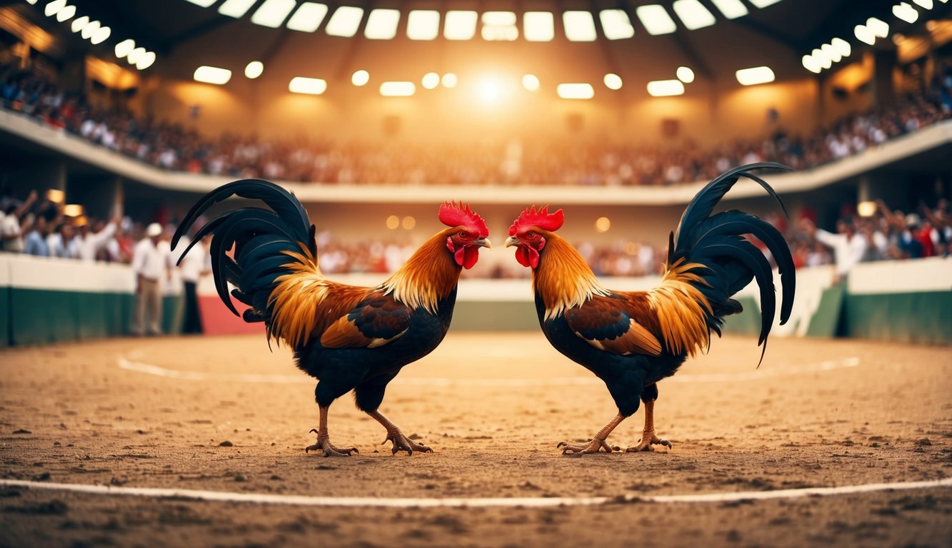 Sebuah arena sabung ayam yang meriah dengan penonton yang bersorak dan dua ayam jantan agresif yang berhadapan di tengah