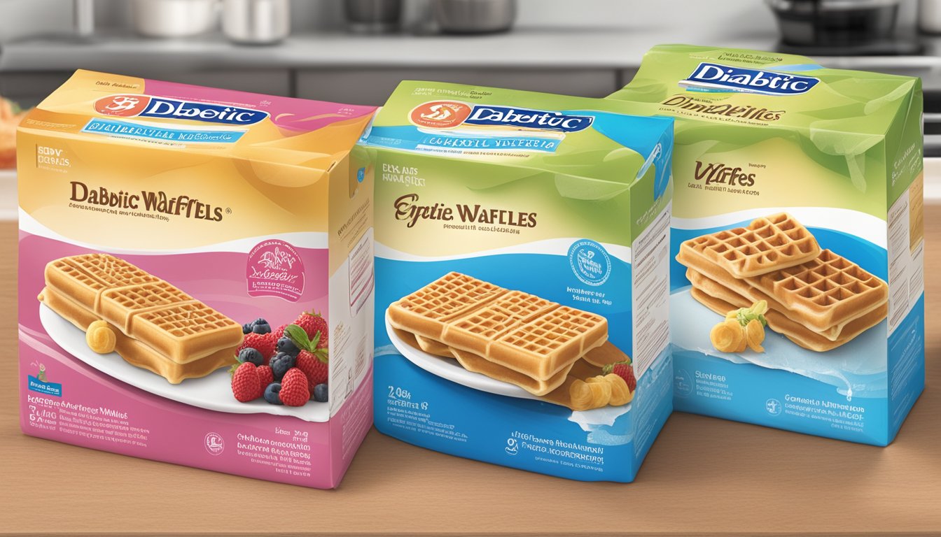 A kitchen counter with five different boxes of frozen waffles, each labeled with a different brand and featuring a prominent "diabetic-friendly" label