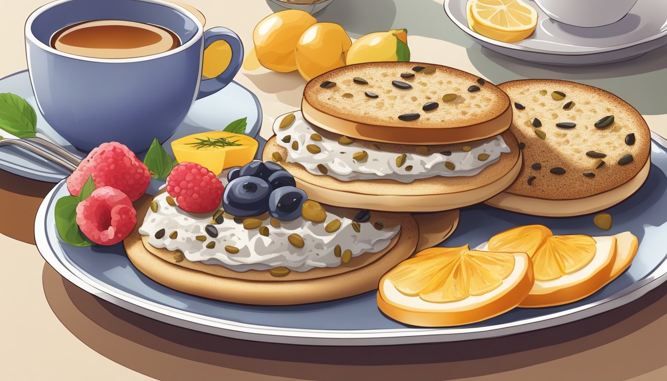 A plate of multi-seed English muffins with a variety of toppings, surrounded by fresh fruits and a cup of tea