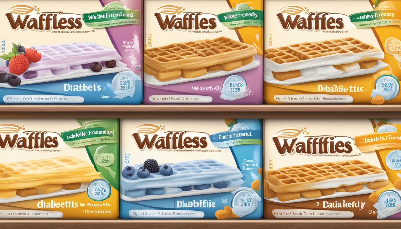 A table with five different boxes of frozen waffles, each labeled with the name of a diabetic-friendly brand