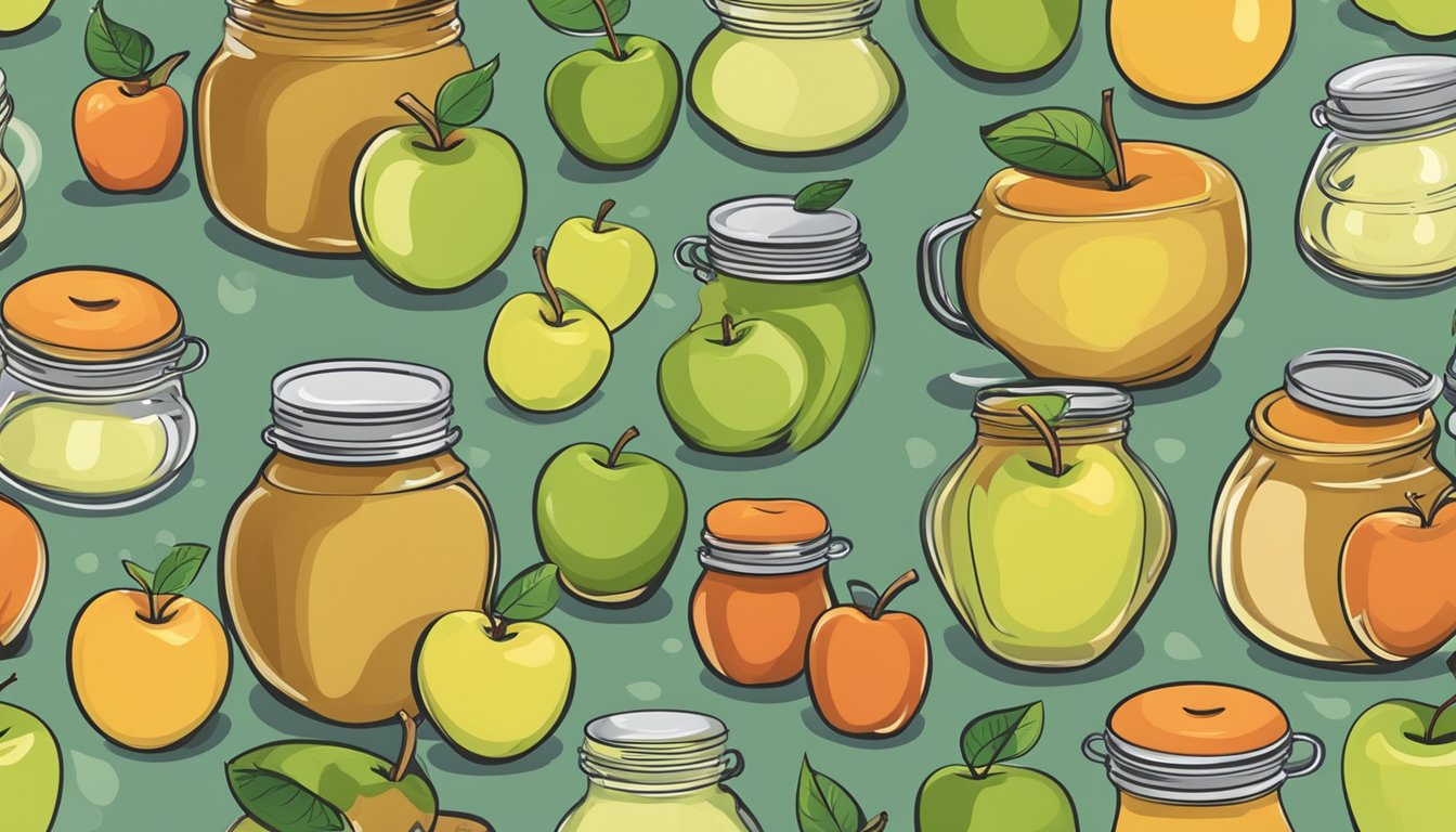 A variety of applesauce jars surrounded by fresh apples and a measuring cup