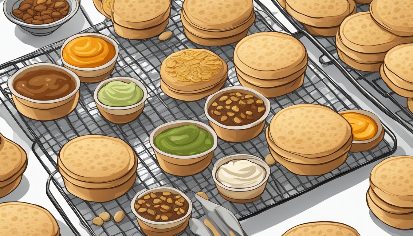 A tray of golden-brown gluten-free vegan English muffins cooling on a wire rack, with a variety of toppings and spreads arranged nearby