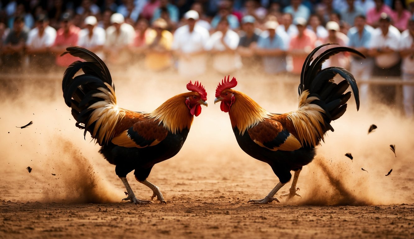 Dua ayam jantan berhadapan di arena yang ramai saat penonton dengan antusias menyaksikan pertandingan sabung ayam yang intens. Debu dan bulu memenuhi udara saat burung-burung itu bertabrakan.