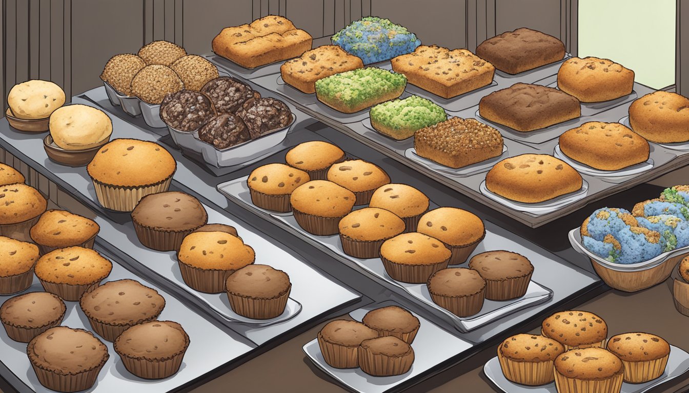 A table with a variety of muffins, including Alvarado St. Bakery Sprouted Wheat Muffins, displayed for diabetics