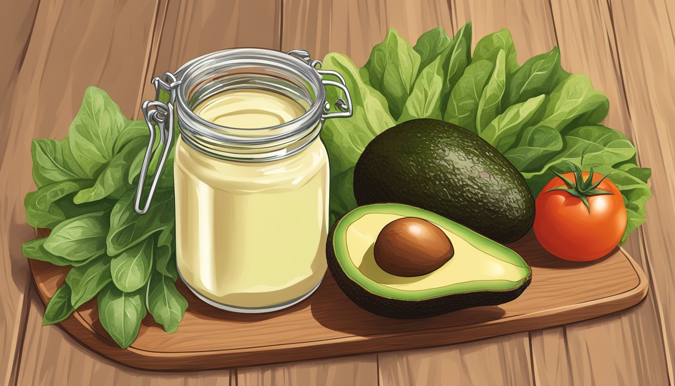 A jar of Sir Kensington's Avocado Oil Mayo surrounded by fresh avocados, tomatoes, and lettuce leaves on a wooden cutting board