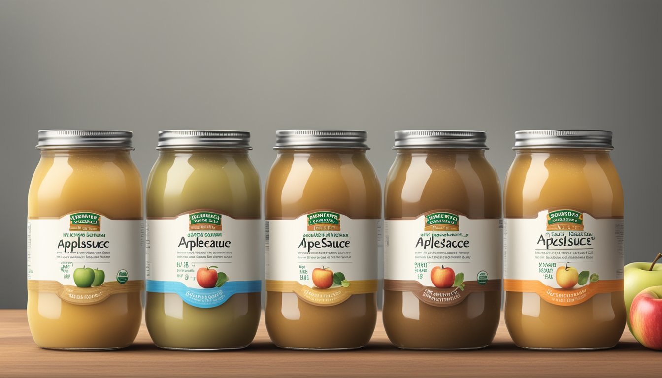 A table with five different jars of applesauce, each labeled with the name of a specific brand. A nutrition label is visible on each jar, indicating the sugar content and other nutritional information